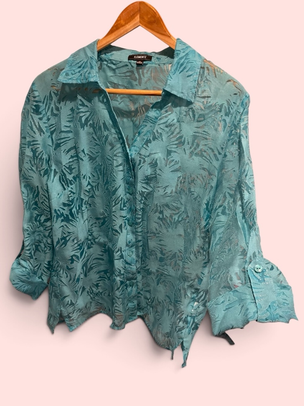 Cute lightweight aqua zebra burnout blouse linen blend semi-sheer costal vibes